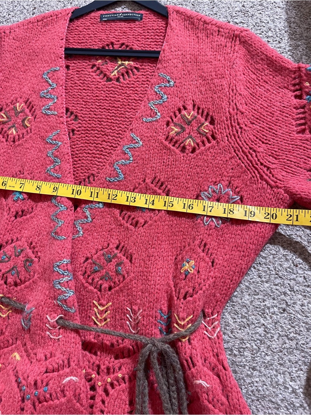Peruvian Connection Red Embroidered Wrap Cardigan with Tassel Tie - Picture 5 of 6